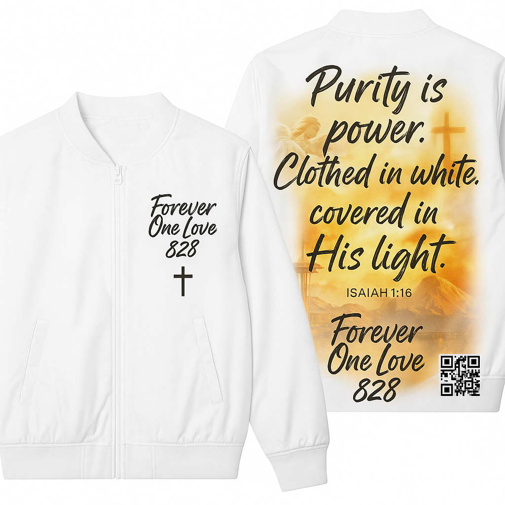 Forever One Love 828 – “Purity is Power” White Bomber Jacket (Isaiah 1:16 Edition)
Step into spiritual clarity and bold confidence. The “Purity is Power” White Bomber Jacket from Forever One Love 828 is a statement of faith, honor, and divine strength