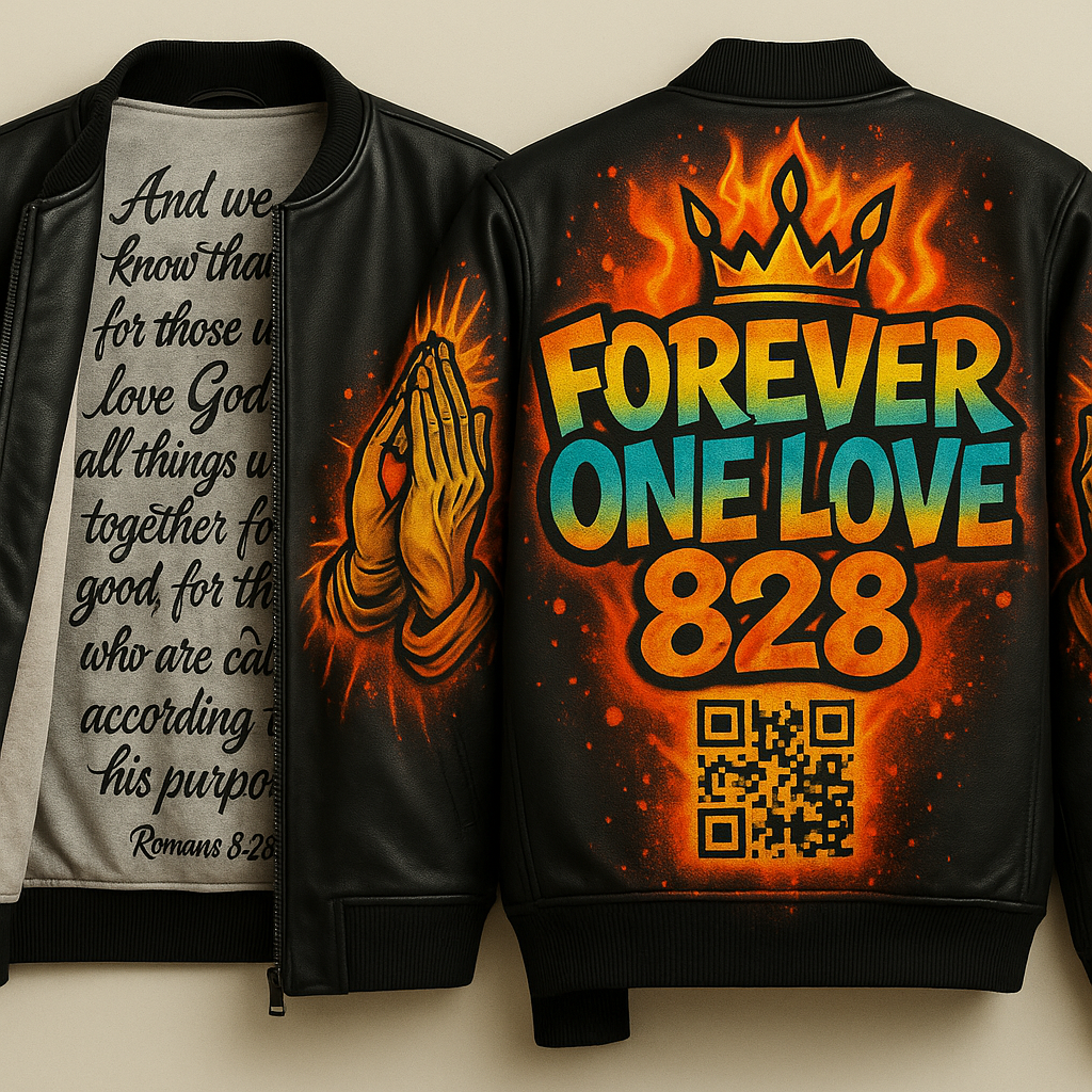 Forever One Love 828 – “Crown in Fire” OG Bomber Jacket (Romans 8:28 Edition)