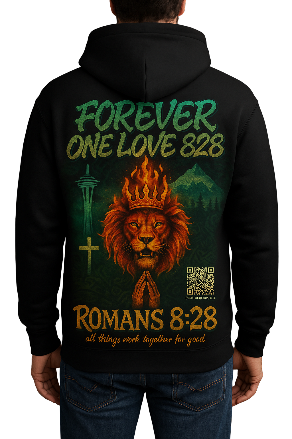 Forever One Love 828 – Crown in Fire Champion Hoodie (Romans 8:28 + PNW & Lion Design)Walk boldly with faith, courage, and divine protection. The Crown in Fire Champion Hoodie combines the power of Romans 8:28, the elegance of Forever One Love 828
