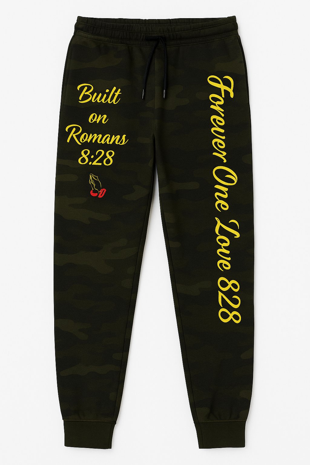 Forever One Love 828 – Trained by God Camo Joggers | Built on Romans 8:28⚡