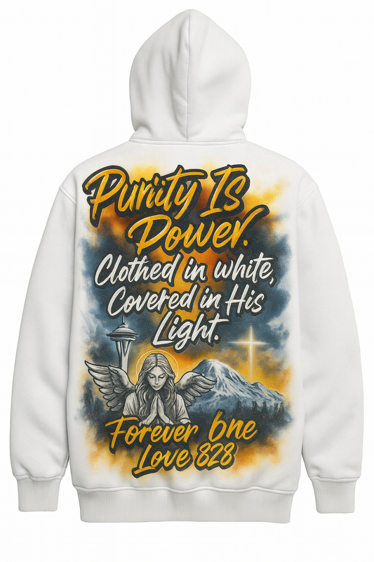 Forever One Love 828 – “Purity is Power” Champion Hoodie (White, Back Design: PNW & Angel Prayer)
Walk in divine purpose and power. The “Purity is Power” Champion Hoodie features a back-only design with faded Space Needle, Mount Rainier, and angel