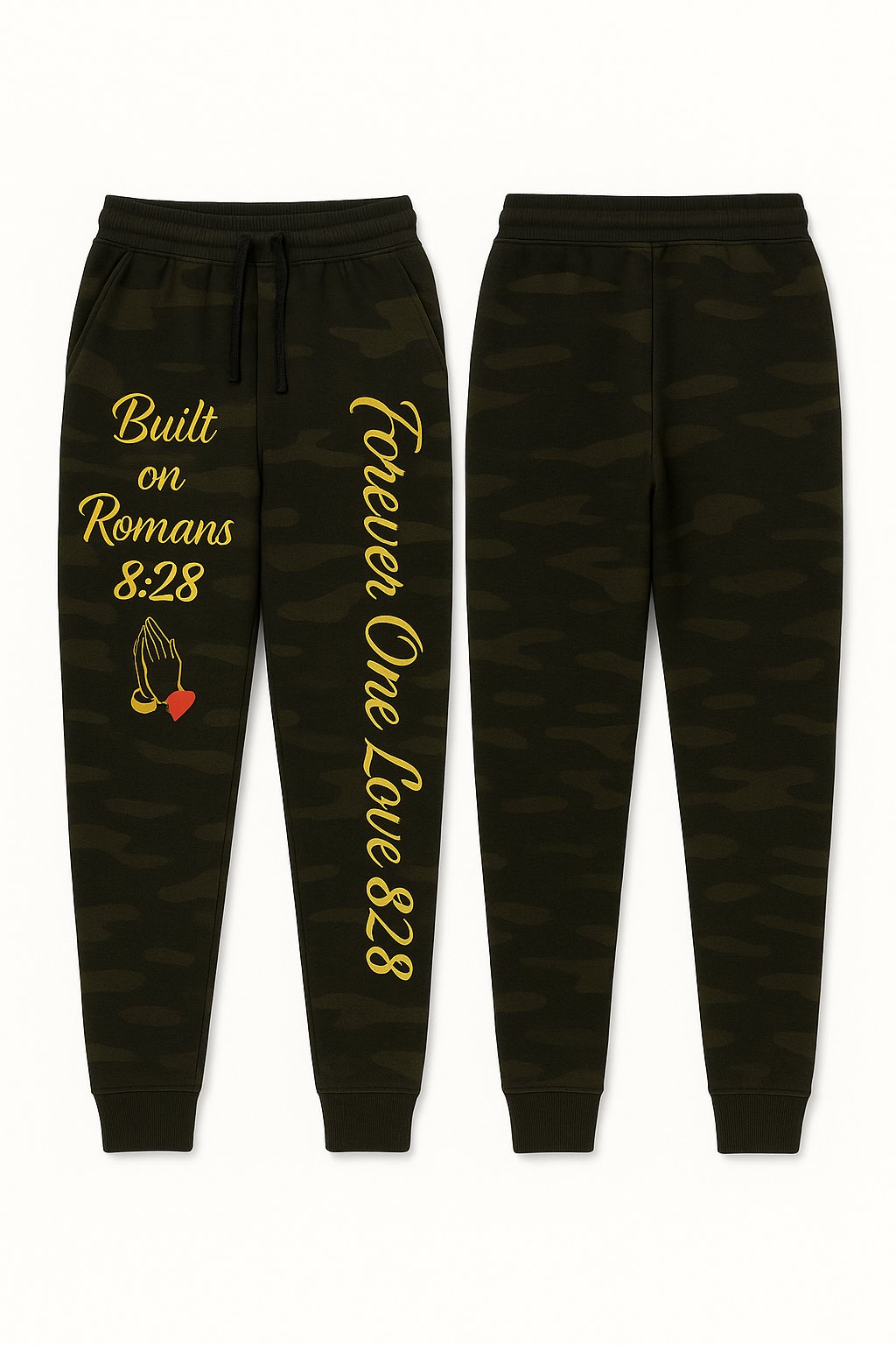 Forever One Love 828 – Trained by God Camo Joggers | Built on Romans 8:28⚡