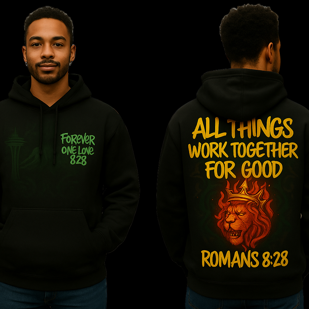 Forever One Love 828 – Crown in Fire Champion Hoodie (Romans 8:28 + PNW & Lion Design)Walk boldly with faith, courage, and divine protection. The Crown in Fire Champion Hoodie combines the power of Romans 8:28, the elegance of Forever One Love 828
