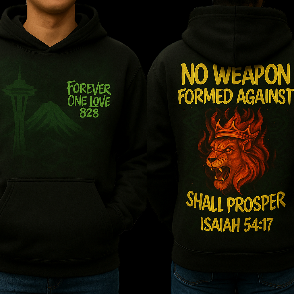 Forever One Love 828 — No Weapon Formed Champion Hoodie (Lion + Crown in Fire · PNW Inspired)